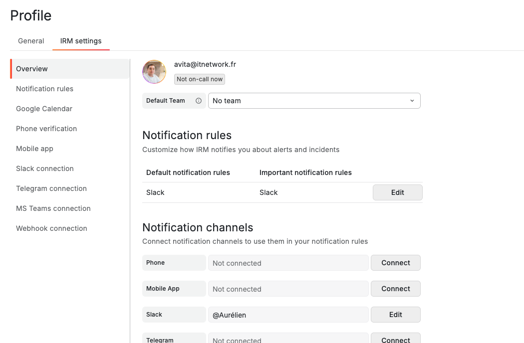 Ecran IRM settings avec Notification rules